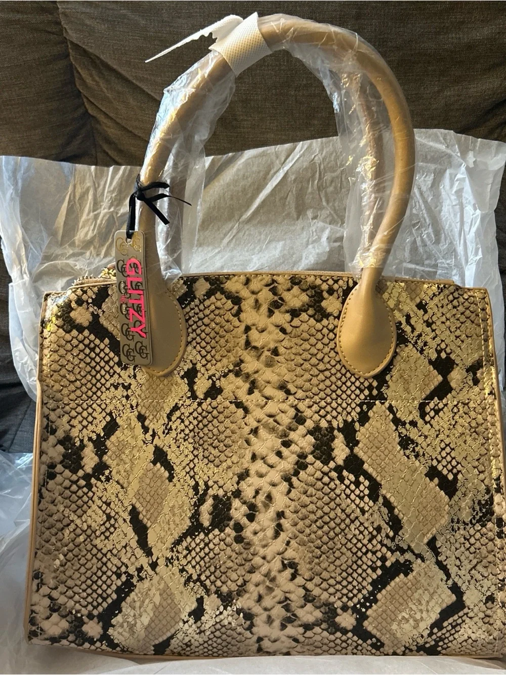 Beige Snake-Print Tote Bag with Tan Handles